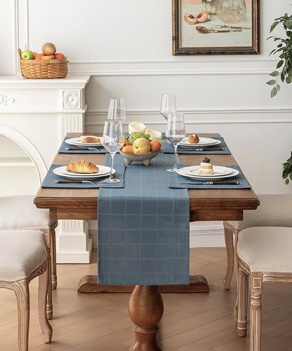 Linen Textured Table Runner, Machine Washable, Farmhouse Neutral Checked table - Image 2