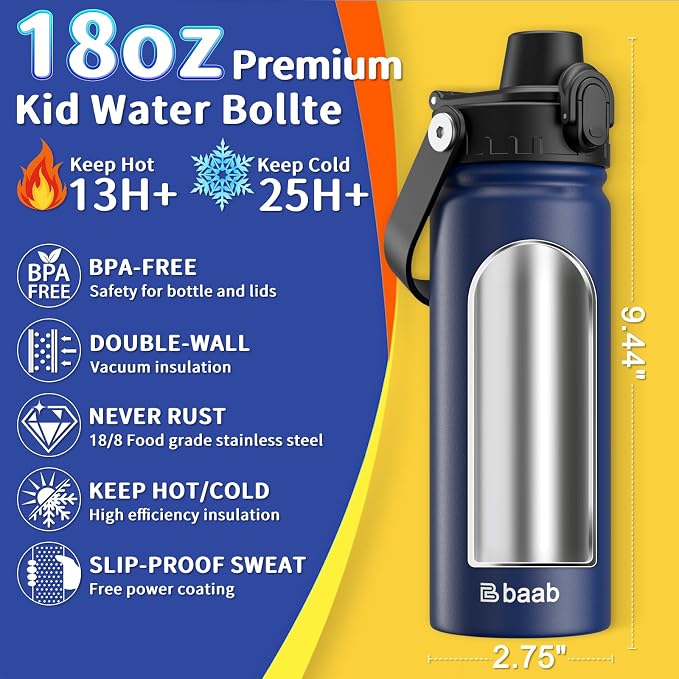 baab 18oz Kids Insulated Water Bottle 18/8 Stainless Steel Kids Cup 1 Pack | - Image 2