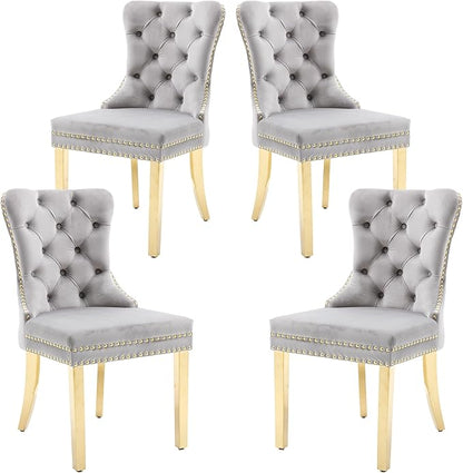 KCC Velvet Dining Chairs Set of 4, Upholstered High-end Tufted Dining Chair with Nailhead Back Ring Pull Trim Stainless Steel Legs, Contemporary Nikki Collection Modern Style for Kitchen, Light Gray