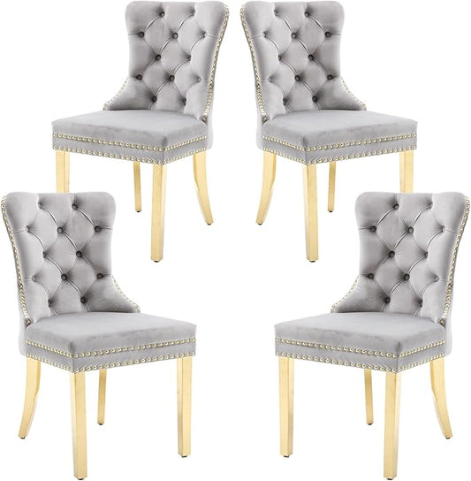 KCC Velvet Dining Chairs Set of 4, Upholstered High-end Tufted Dining Chair with Nailhead Back Ring Pull Trim Stainless Steel Legs, Contemporary Nikki Collection Modern Style for Kitchen, Light Gray