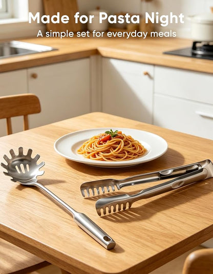 Spaghetti Spoon & Pasta Tongs Set, 2-Piece Stainless Steel Pasta Server | - Image 5