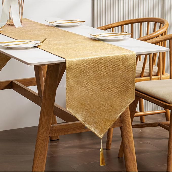 BALCONY & FALCON Table Runner Faux Linen Shimmer Gold 14"x95" | Tasselled by BALCONYFALCON