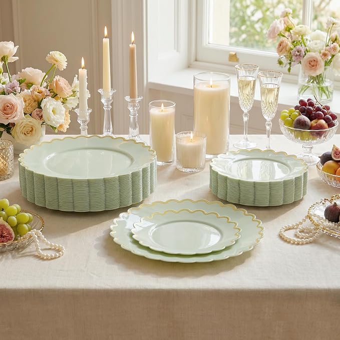 LIYH 100 Sage Green Scalloped Plastic Plates - Image 8