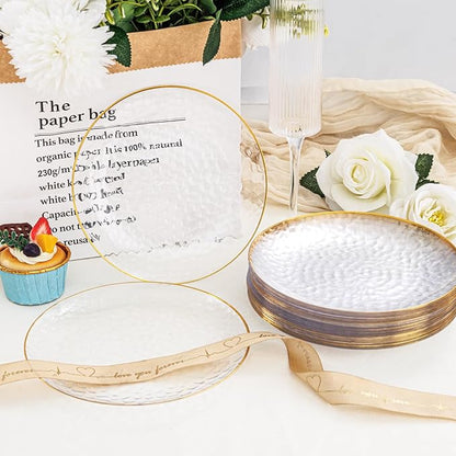 Rubtlamp 60 Pcs Clear Plastic Dessert Plates, Hammered Party Plates, Disposable Heavy Duty Salad/Dessert Platos,Clear Party Platos, Gold Plastic Appetizer Platos Disposable For All Occasions