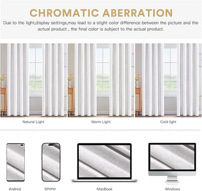 PrinceDeco Natural Linen Curtains 100% Blackout Curtains for Living Room 96 Inch Long,Heat & Light Blocking Curtains for Kids Bedroom Thermal Insulated Window Drapes 2 Panels Set - Heathered White