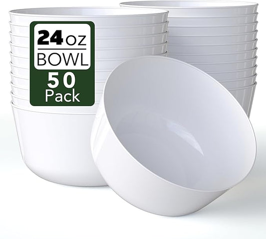 Trendables Disposable Bowls - Set of 50, 24 Oz Fancy White Plastic Serving Bowls, Perfect for Ice Cream, Salad, Candy