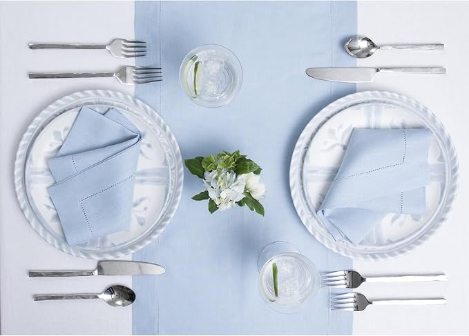 Solino Home 100% Linen Table Runner Sky Blue, Classic Hemstitch 14 x 156 in | - Image 3