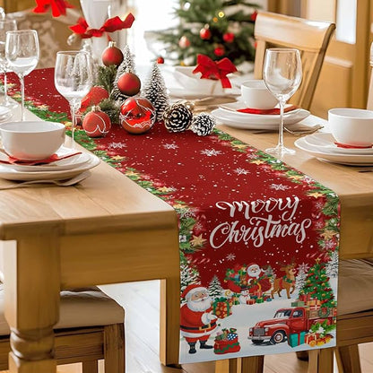 Merry Christmas Table Runner 72 Inches Long, Santa Xmas Tree Snowflake Table - Image 9