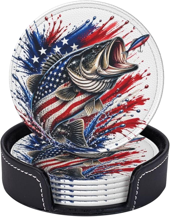 Patriotic Bass Fishing Splash Leather Coasters Set of 6 by NeuKim