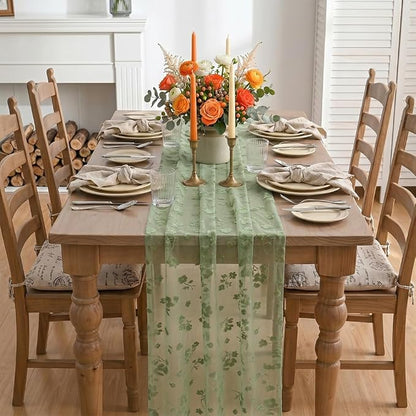 Artoid Mode Sage Green Gauze Flocking Flowers Table Runner 10FT, Spring Sheer - Image 2