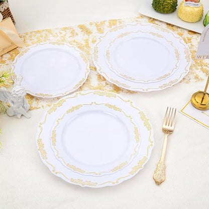 DaYammi 150Pcs White Gold Plastic Plates & Plastic Silverware, Gold Disposable Plates for Party Include 30 Dinner Plate, 30 Dessert Plate, 30 Knives, 30 Forks, 30 Spoons for Party Wedding