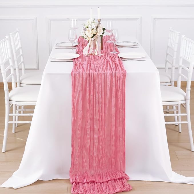 8 Pack Rose Pink Cheesecloth Table Runner 120 Inch Boho Wedding Decor | - Image 4