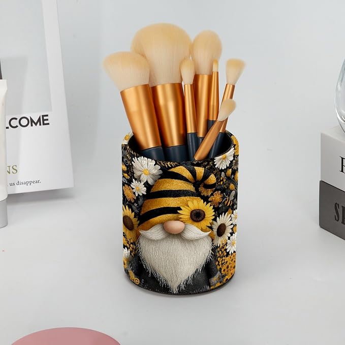 Leather Pen Holder for Desk, Gnome Sunflower Pencil Cup Pen Organizer Makeup - Image 6