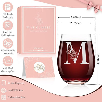Valentines Day Gifts for Her, Gifts for Women Her Friend Mom Grandma Wife Sister Bridesmaid Nurse, Birthday Galentines Mothers Day Christmas, Personalized Initial Customized Wine Glasses 18OZ(M)