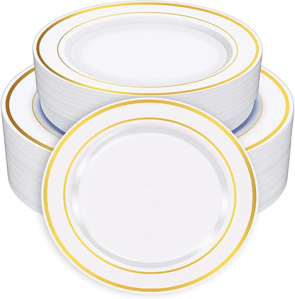 Zcaukya 100PCS Gold Plastic Plates, Disposable Plastic Dishes with Gold Rim in Bulk, 50 Pcs Each 10.25 Inch and 7.5 Inch for Dinner, Birthday and Wedding