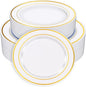 Zcaukya 100PCS Gold Plastic Plates, Disposable Plastic Dishes with Gold Rim in Bulk, 50 Pcs Each 10.25 Inch and 7.5 Inch for Dinner, Birthday and Wedding