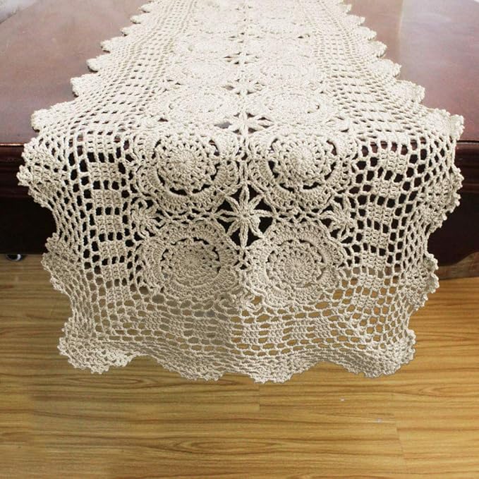 Cotton Handmade Crochet Lace Table Runner Beige Rectangle Coffee Table Dresser - Image 5