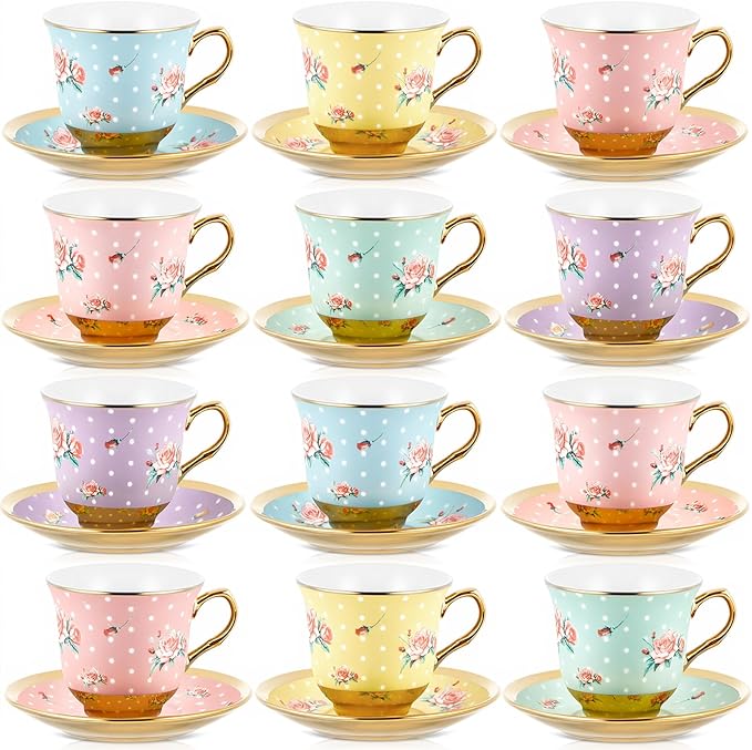 Teenyyou Set of 12 Tea Cups and Saucers Tea Party Decorations Floral Porcelain by Teenyyou