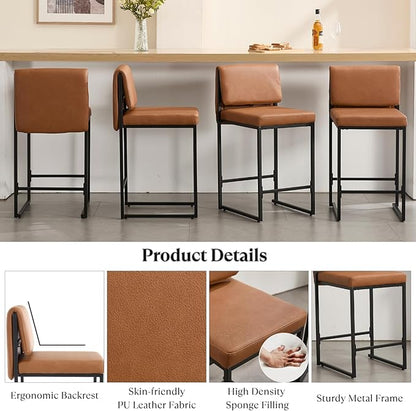 Modern Barstools Set of 2, 26” Upholstered Counter Height Bar Stools PU Leather Fabric Counter Stools with Padded Back Metal Frame for Kitchen Island Dining Room, Brown