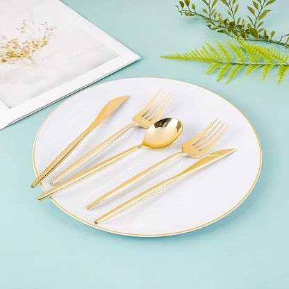 I00000 150PCS White and Gold Plastic Plates with Disposable Silverware for 30 Guests,Nice Disposable Plates,White Plastic Plates Set Include 30 Dinner Plate,30 Dessert Plate,90 Gold Cutlery for Party