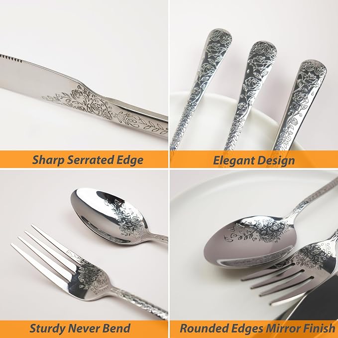 Runfly Modern Carved Floral Silver Stainless Steel 20-Piece Flatware Set | - Image 2