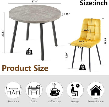 Modern Kitchen Table Set with 4 Chairs, Grey Faux Wood Table with Hooks, Upholstered Velvet Yellow Dining Chairs for Restaurant, Dining Room