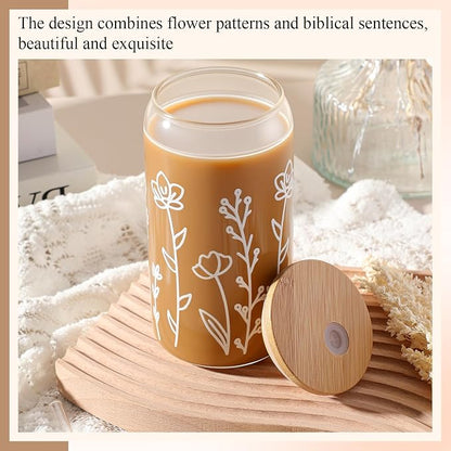 Mumufy 1 Pack Glass Cups Gift Aesthetic Cute Glass Cup Tumbler Flower Iced - Image 3