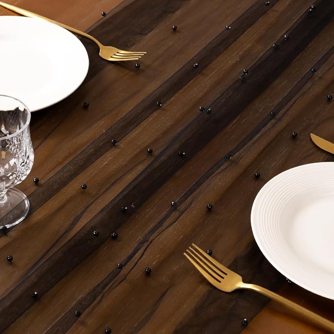 Pearl Table Runner Summer Tulle Gauze Sheer Wedding Party Home Decor | Black - Image 2