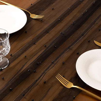 Pearl Table Runner Summer Tulle Gauze Sheer Wedding Party Home Decor | Black - Image 2