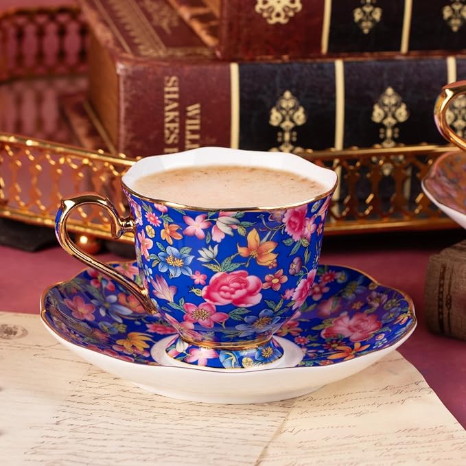 KAMMAK Tea Cup and Saucer, Ceramic Coffee Cups, 6.3 oz, Afternoon Tea and - Image 3