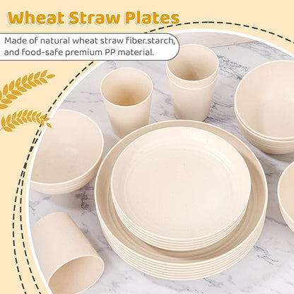 LIYH 24 Pcs Beige Plastic Wheat Straw Dinnerware Sets - Reusable Unbreakable Wheat Straw Bowls & Plates Dinner Set, Dishwasher Safe Plates Bowls Cups for Party Dish Set for 6 Kitchen & Camping