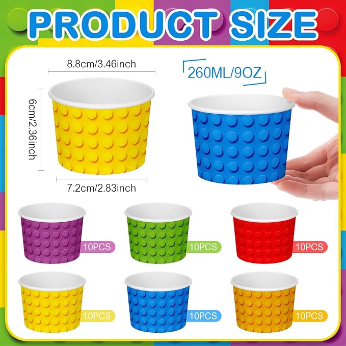 CHENGU 60 Pcs Building Block Snack Cups 9 oz Colorful Paper Ice Cream Bowls - Image 2