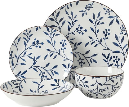 Gibson Home Palace Suite 16-Piece Dinnerware Set, Blue Floral Stoneware Plates & Bowls, Service for 4, Round Durable Everyday Dish Set