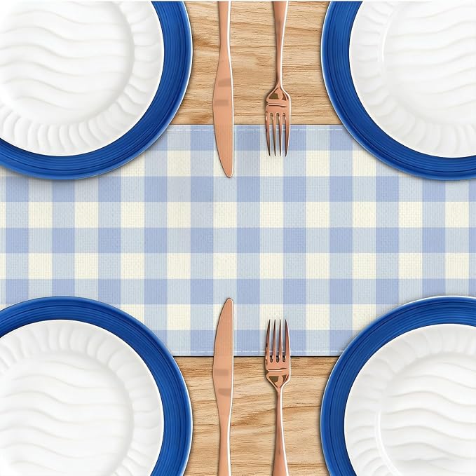 Light Blue and White Gingham Table Runner, Buffalo Plaid Check Table Cloth | - Image 4