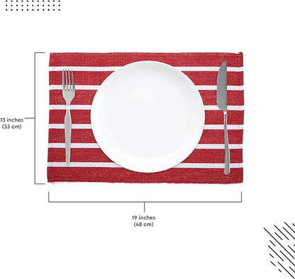 Encasa XO Dining Placemat Set of 6 | Roma Red Stripes Color | Fine Ribbed Cotton Table mat | Size 19x13 in | Machine Washable