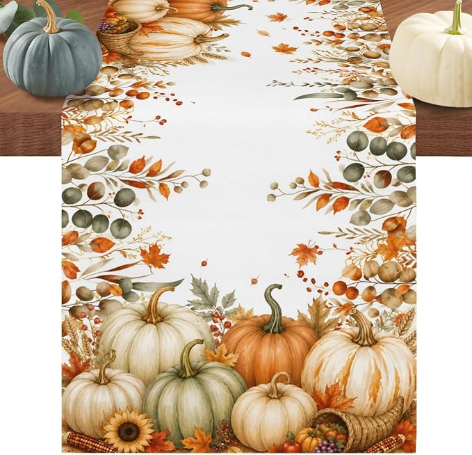 Fall Pumpkins Table Runners 72 Inches Long, Thanksgiving Maple Leaf Cotton by Edwiinsa