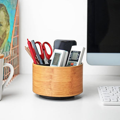 Hennaja Round Leather Art Supply Organizer,Remote Control Holder,360 Degree Spinning,Multi-Functional Pencil Holder,4 Compartments Desktop Stationary Organizer(1-Beige2)