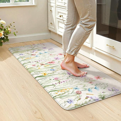 KIMODE Anti Fatigue Mats for Kitchen Floor, 20"x39" White Floral Kitchen Rug, Cushioned Kitchen Floor Mat Non Slip, Memory Foam Standing Mat for Sink Laundry Office Desk