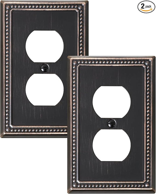 2-Pack Duplex Outlet Cover Plate, Aged Bronze Metal Wall Plates for Electrical Outlets, 1 Gang Receptacle Light Switch Cover, Pearls Decorative Switch Plates and Outlet Covers