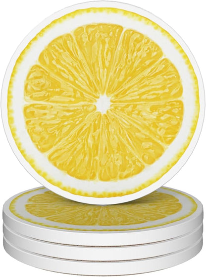 Drinks Coasters Set of 4, Lemonade Round 4" Cup Coasters, Absorbent Ceramic Stone Coasters with Cork Base, Cute Coasters for Table Home Décor, Ideal Gifts for Women Men