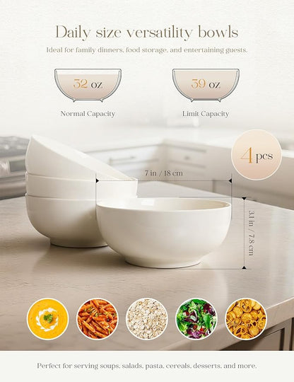AISBUGUR 39 OZ Large Soup Bowls,Porcelain Salad Bowls Set of 4,Pho Bowls for Soup,Salad,Cereal,Pasta,Fruit,White Bowls Set for Dishwasher & Microwave Safe
