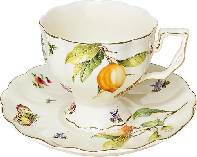 Tea Cups and Saucers Set, Porcelain Coffee Mugs, 8.4 OZ Vintage Coffee Cups by JUSONEY