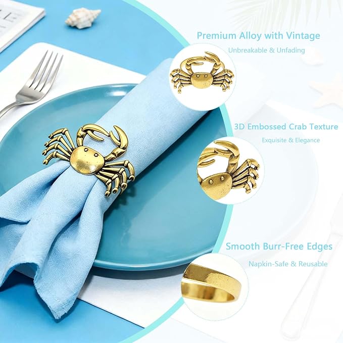 Crab Napkin Rings Set of 12 Vintage Gold Coastal Napkin Holder - Image 5