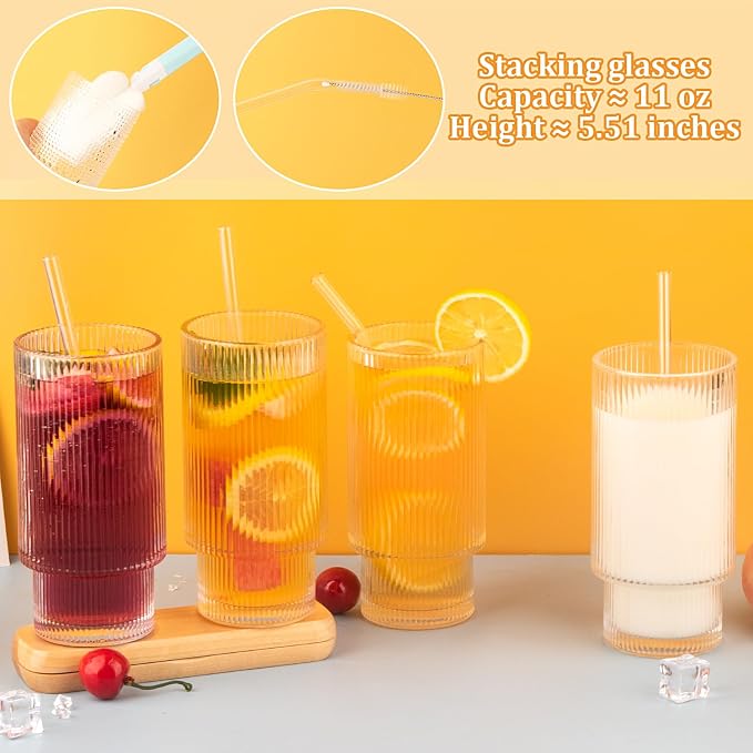8 Pcs 11oz Ribbed Glass Cups - Image 8