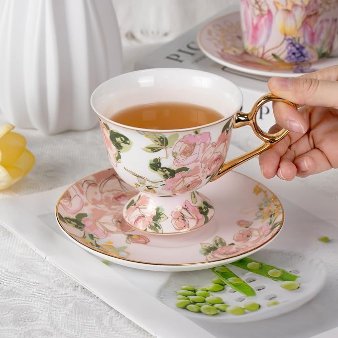 KAMMAK Tea Cups and Saucers Set of 2, Fine Bone China Coffee Cups, NX025 | - Image 5