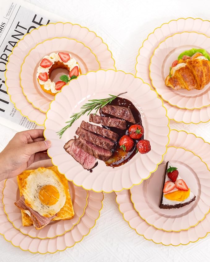 YOUBET 100PCS Pink and Gold Scalloped Plastic Plates - Image 8