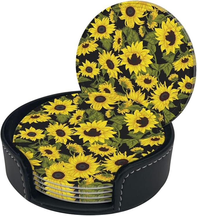 Drink Coasters with Holder Stand Set of 6, Sunflower Pu Leather Absorbent - Image 8