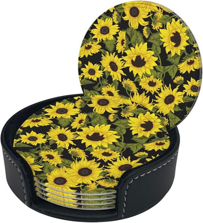 Drink Coasters with Holder Stand Set of 6, Sunflower Pu Leather Absorbent - Image 8