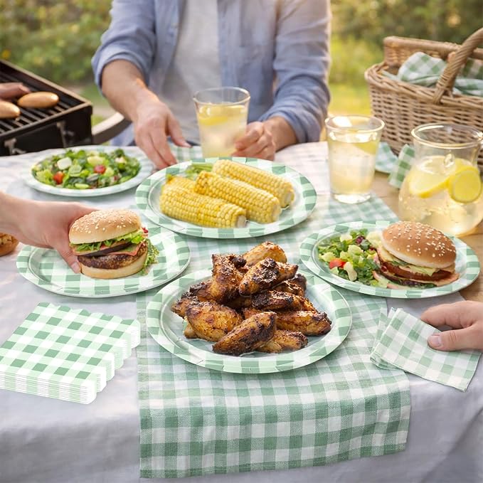 150PCS Sage Green Gingham Paper Plates and Napkins Serve 50 Guest Party | Green - Image 7