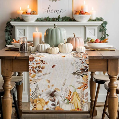 White Golden-Yellow Pumpkin Fall Table Runner 72 Inches Long, Thanksgiving - Image 2